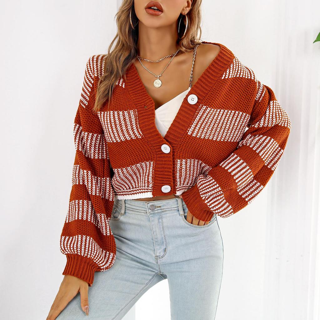 QICED Women's Fashion Casual Stripe Print Autumn Winter Long Sleeve V-Neck Loose Sweaters Coats