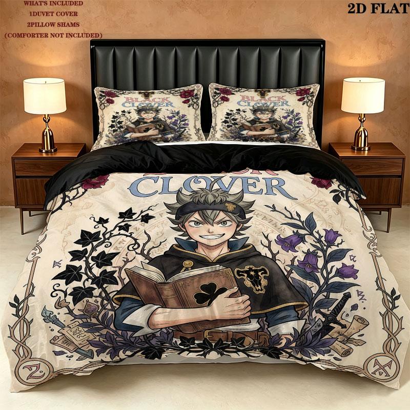 Black Clover Pattern Bedding Quilt Set Quilt Cover Pillowcase Home Birthday Gift(1 * duvet cover + 2 * pillowcase, without core)