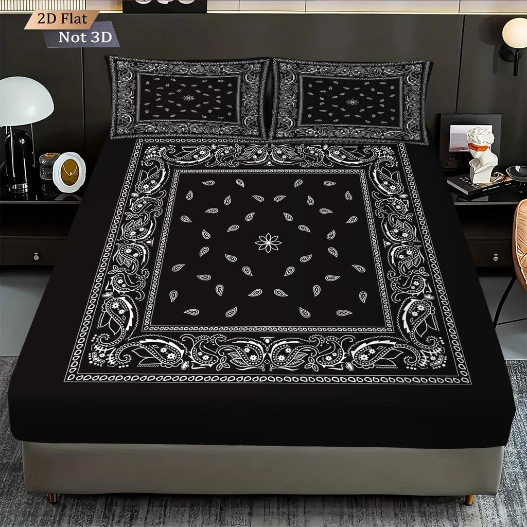 3pcs Retro Black Wave Pattern Print Coreless Bed Sheet Set Multiple Sizes Soft Bedcover Bedroom Bedding Decoration