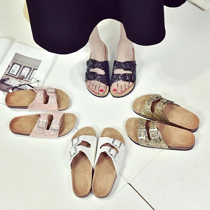 2024 New Summer Trend Sequins Parent-child Children's Slippers Women's Double Buckle Flip Flops Cork Slippers Women's Sandals