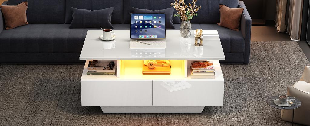 Modern High-Gloss Coffee Table with LED Lighting and 2 Drawers – Stylish 90x55x41 cm Side Table with Storage, Load Capacity up to 30 kg