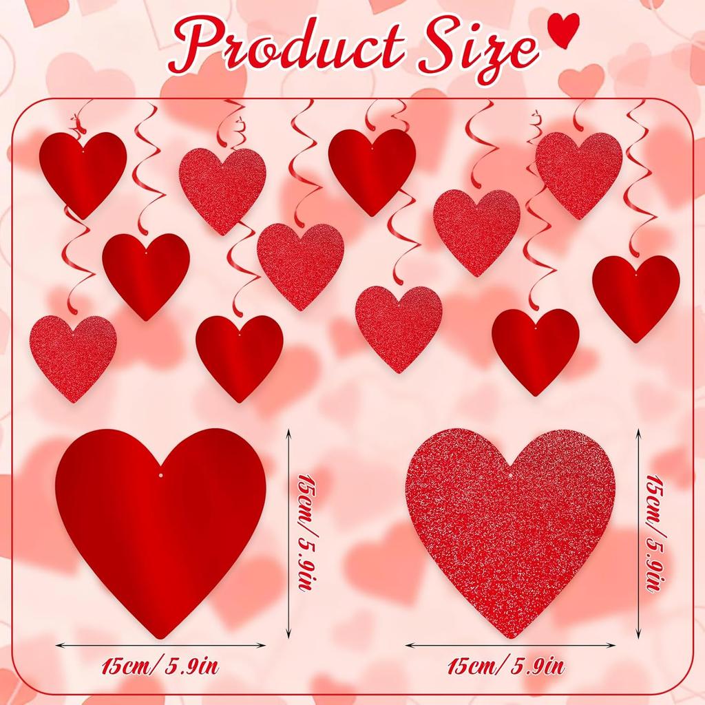 Glitter Red Hanging Heart Swirls Decorations, 40Pcs Valentine's Day Love Heart Streamers Ceiling Hanging Swirls for Romantic Galentines Anniversary