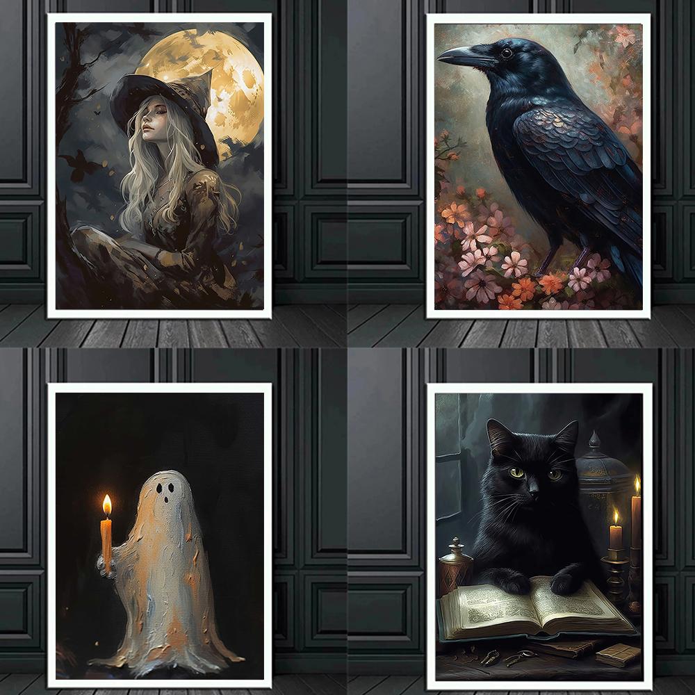 Dark Academy Art Wall Poster Victoria Crow Witch Ghost Black Cat Halloween Background Decoration Gothic Image Printing Holiday Gifts Canvas Painting