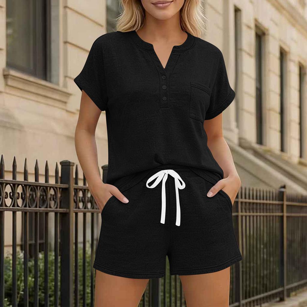 Women Casual Two Piece Lounge Set Short Sleeve Henley Neck Top with Button Detail and Drawstring Waist Shorts Relaxed Fit