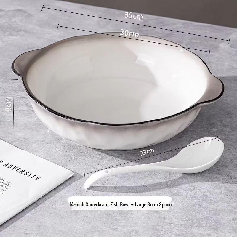 ZISIZ 14-inch Ceramic Double-Handled Serving Bowl with Spoon