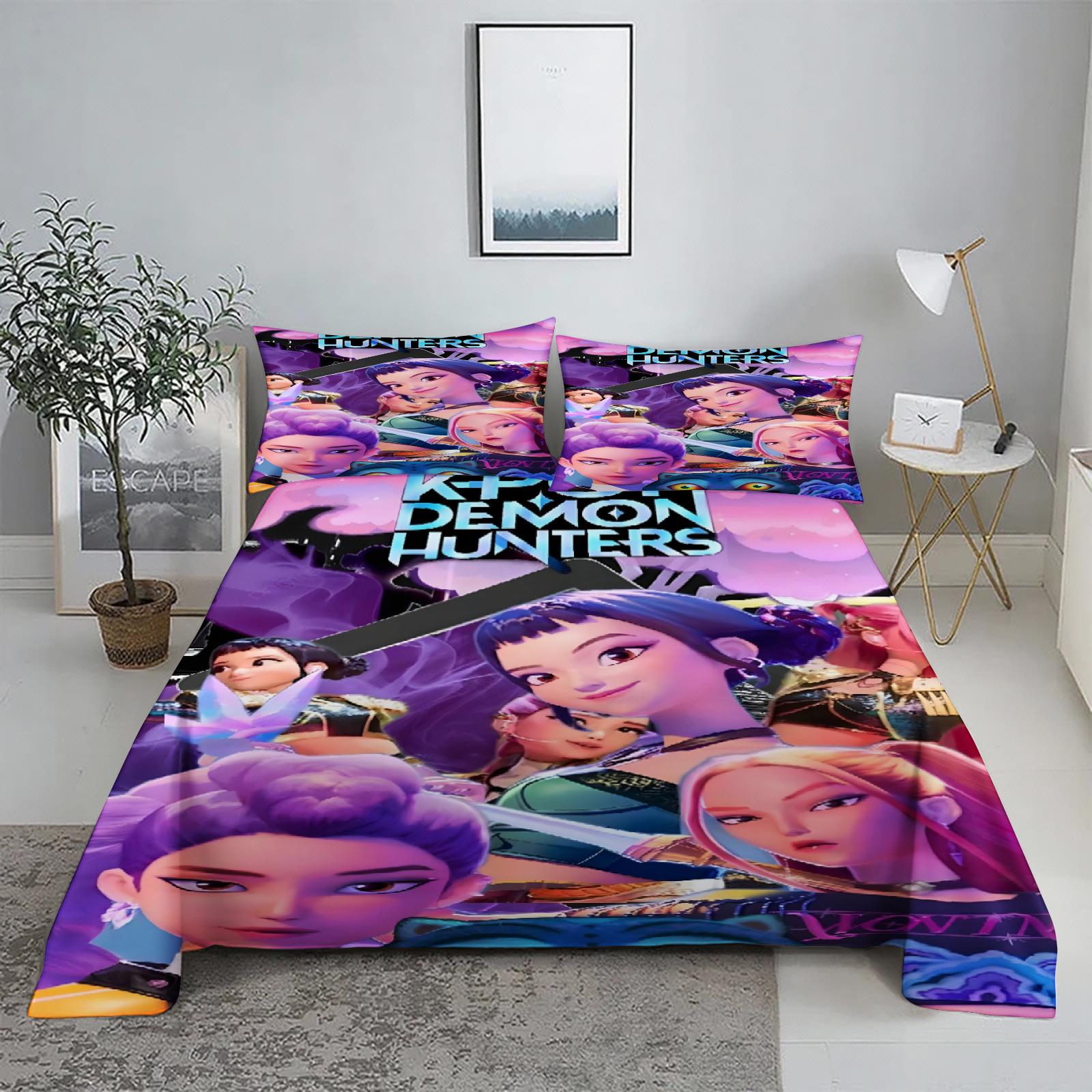 

K-Pop D-Мисливці на демонів 3D Цифровий плоский набір друку Постільна білизна для спальні Простирадло Наволочка Комплект постільної білизни для домашнього декору 230X230cm(3Pcs)