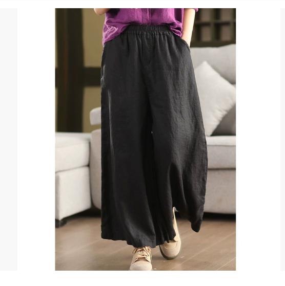 Pantalones Anchos de Lino Vintage para Mujer Cintura Elástica Color Sólido Pantalones Primavera Sueltos Casuales Largos Femeninos