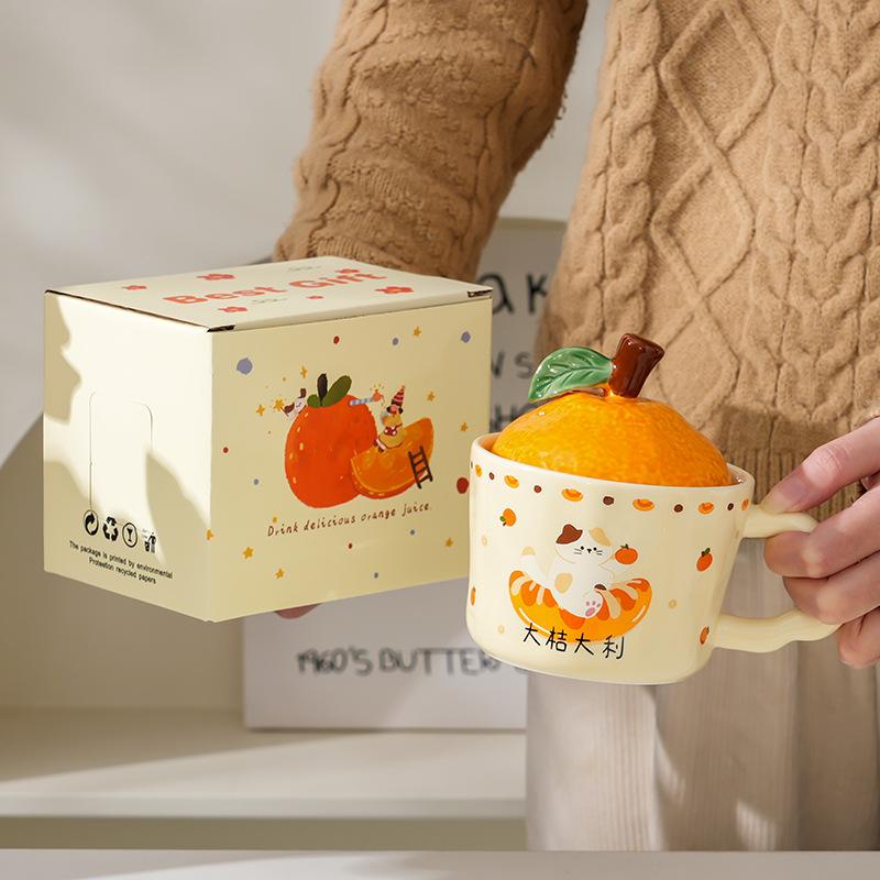 High-Value Ceramic Cup With Lid, Cute Office Couple Water Cup Gift Box, Creative New Year'S Souvenir