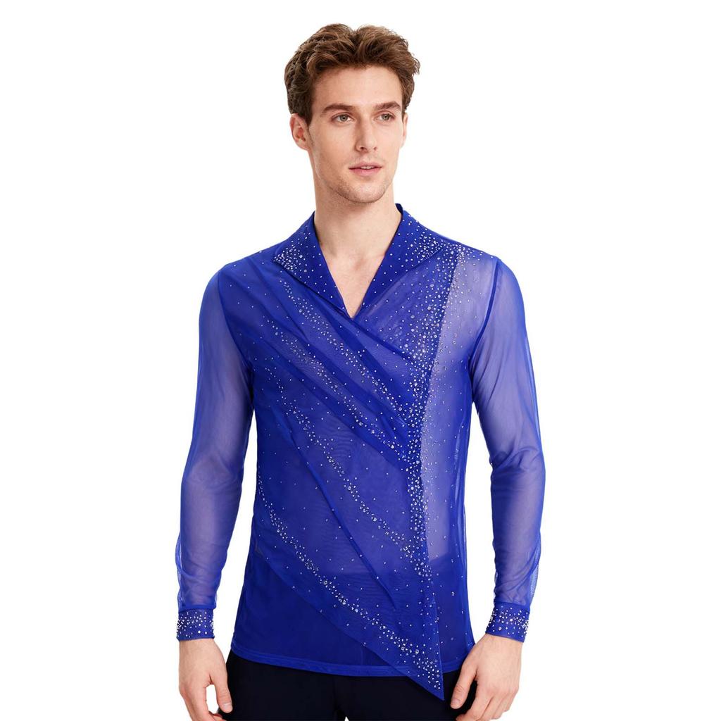 Top Patinaj Artistic Bărbați Plasă Transparentă Strasuri Sclipitoare Față Suprapunere Încrețită Rever Gât în V Mânecă Lungă Cămașă