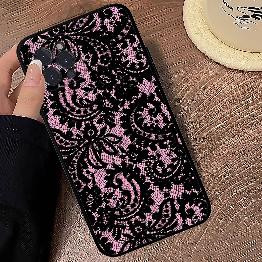 Black Lace Pattern Personalized Mobile Phone Case For IPhone 17 16 15 14 13 12 11 Pro Max Plus Mini Soft Black Cover