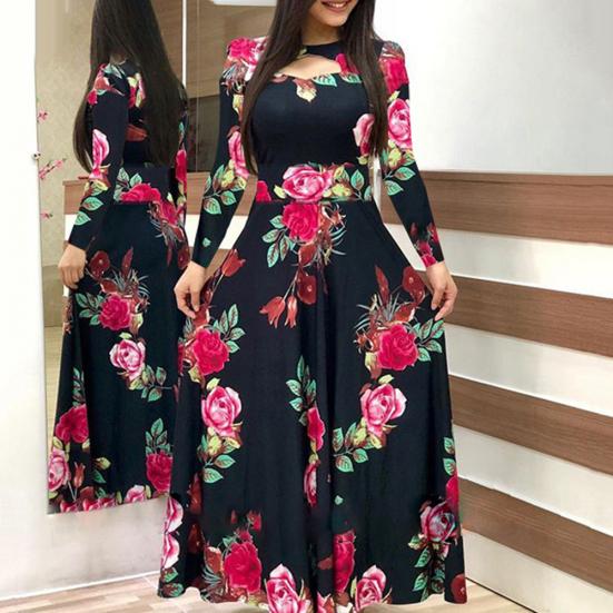 Women Sexy Long Sleeve Floral Print Waist Tight Large Swing Full-length Dress