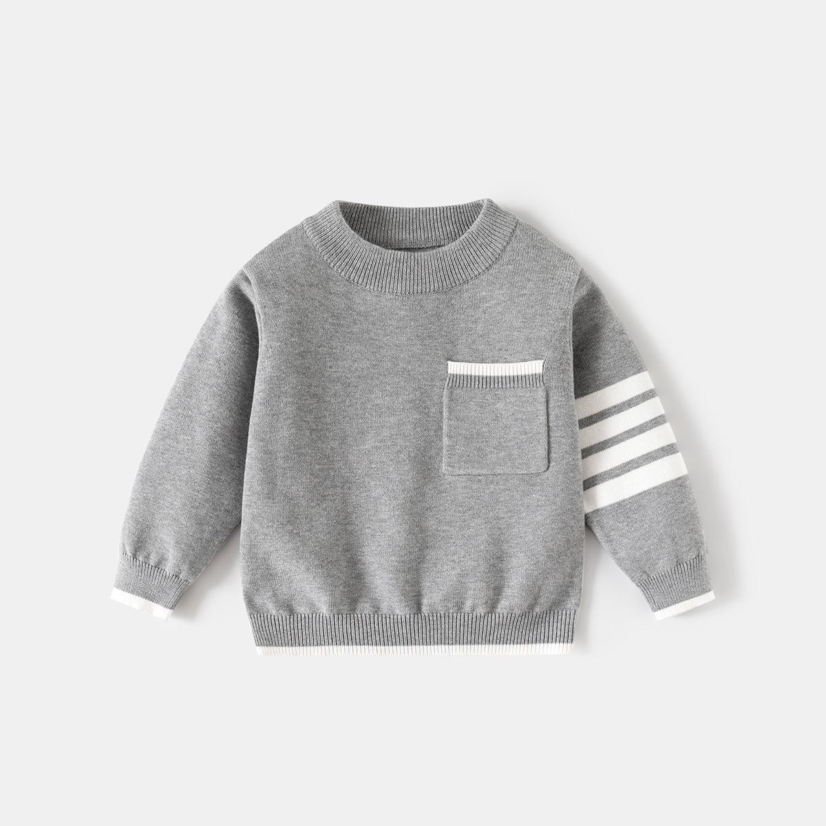 

Boys Stripe Round Neck Sweater with Pocket - Spring Casual Knitwear 130 cm сірий колір