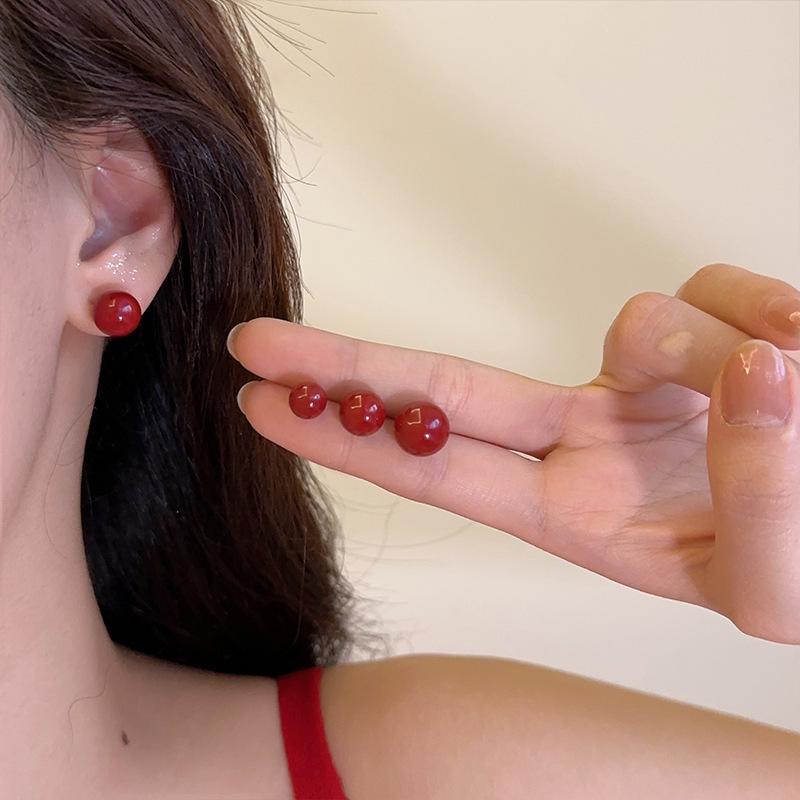 Autumn/Winter Wine Red Bead Earrings: 925 Silver, Festive French Retro Style