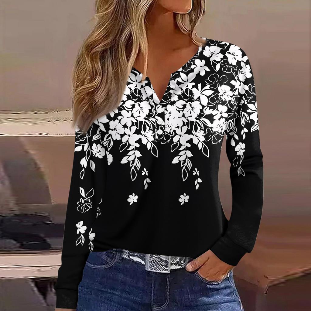 Damen-T-Shirt, T-Shirt, Knopfleiste, langärmelig, für den Alltag, Wochenende, modisch, Basic, V-Ausschnitt, normales Oberteil