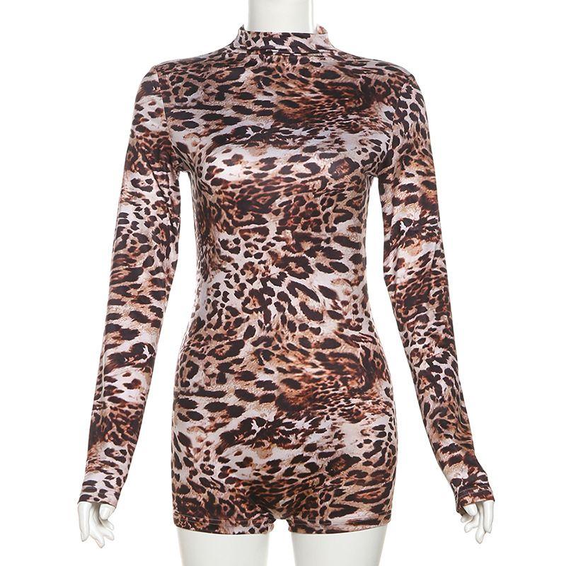 

Outfitgirl Early Autumn American Sexy Street Snap Fashion Wear round Neck Long Sleeves Leopard Print Tight One-Piece Shorts Leopard print L