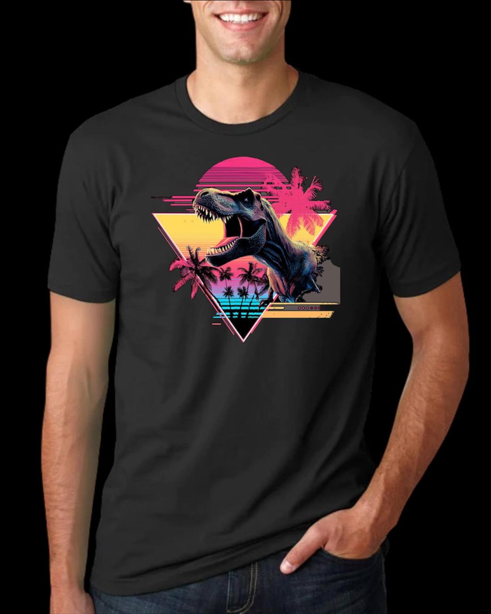 Jurassic T-Rex Neon SunseT shirt – 80s Retro Dino Graphic Tee M