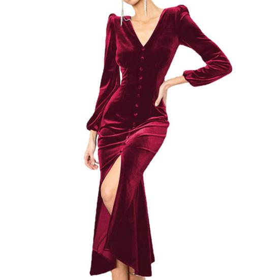 Pencil Dress Padded Shoulder Mid-Calf High-Waist Trendy Autumn Pure Color Women Bodycon Midi Dress Club Wear