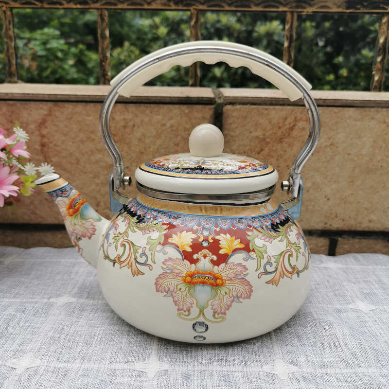 2.5 Quart Vintage Enamel Tea Kettle Green Floral Enamel on Steel Teapot with Handle for Stovetop Home Afternoon Tea Set Kettle