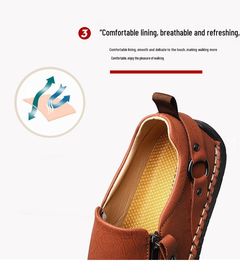 Men's Autumn Casual Leather Slip-On Shoes, Large Size, Soft Sole, Non-Slip, Hand-Stitched, Side Zipper