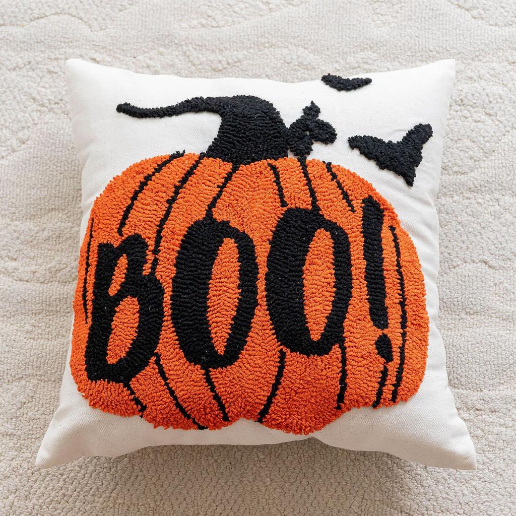 Halloween Embroidery Throw Pillowcase Orange Pumpkin Cotton Decoration Pillow Cushion Cover Sofa Car Halloween Party Supplies