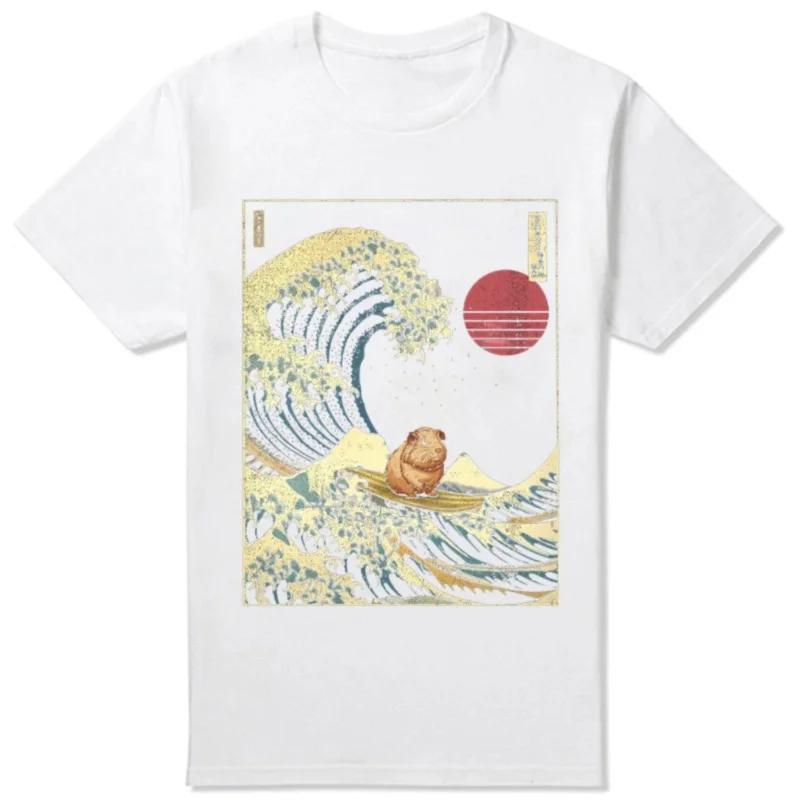 Japanese Funny Guinea Pig Kanagawa Surfing Wave T Shirts Cotton Humor Streetwear Tee Shirt Short Sleeve Unisex Loose Clothing