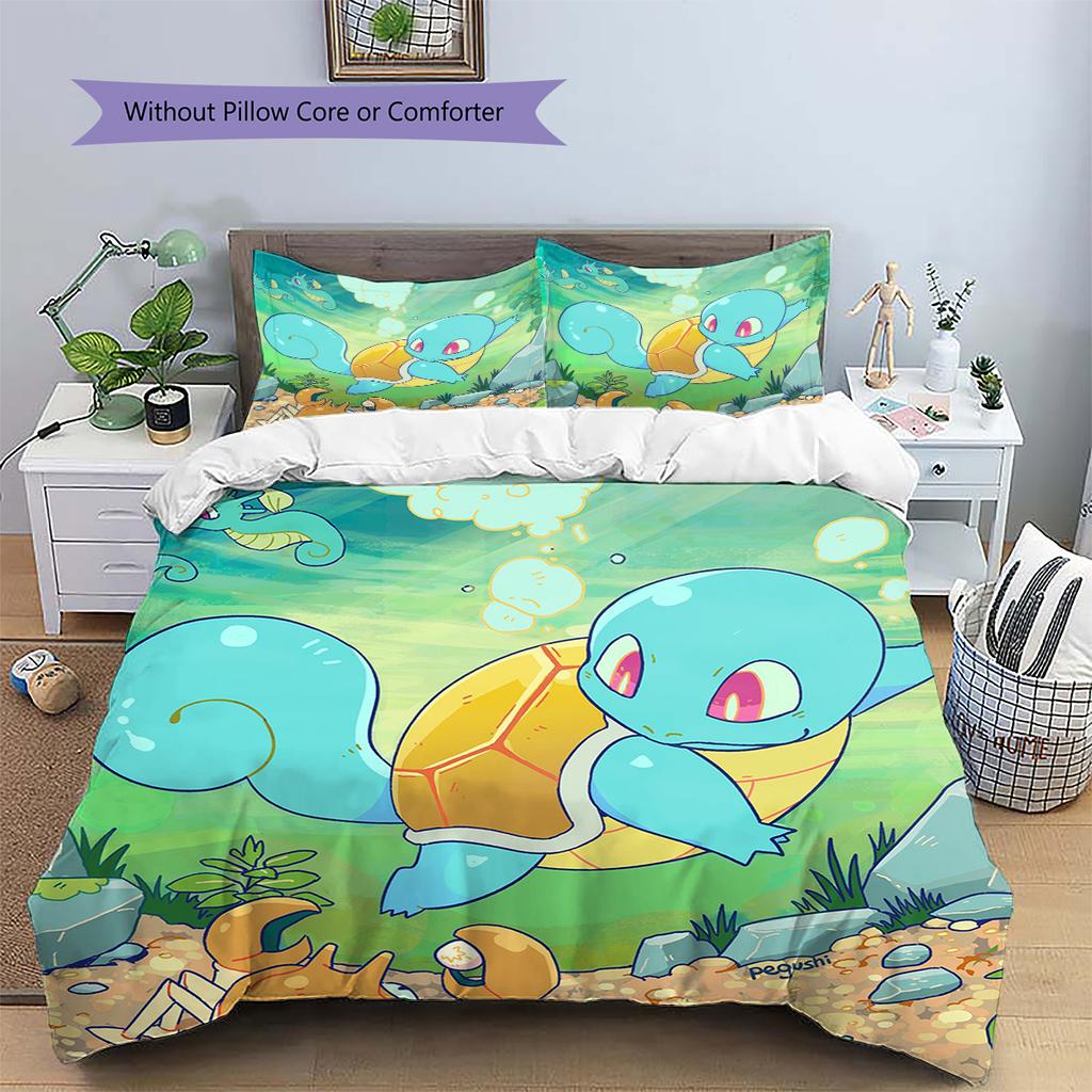 Squirtle Muster Bettwäsche Heimdekoration Geburtstagsgeschenk (1 Bettbezug + 2 Kissenbezüge, ohne Füllung)