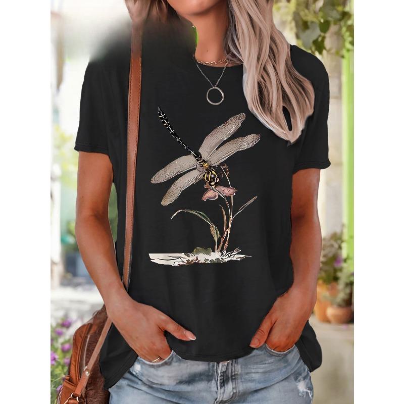 European Size Plus Size - Plus Size - Plus Size Women'S Printed Casual Round Neck Short-Sleeve Top Featuring a Realistic Dragonfly And Plant Design