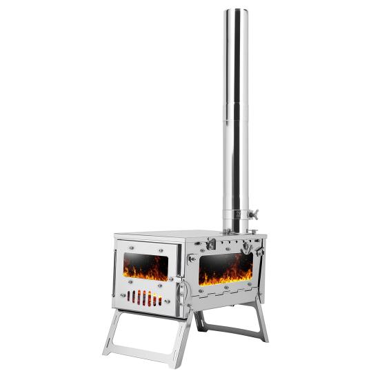 Foldable Camping Stove, Stainless Steel Portable Wood Burning Stove, Tent Stove with Visible Window, Adjustable Vent & Multiple-Section Pipe for