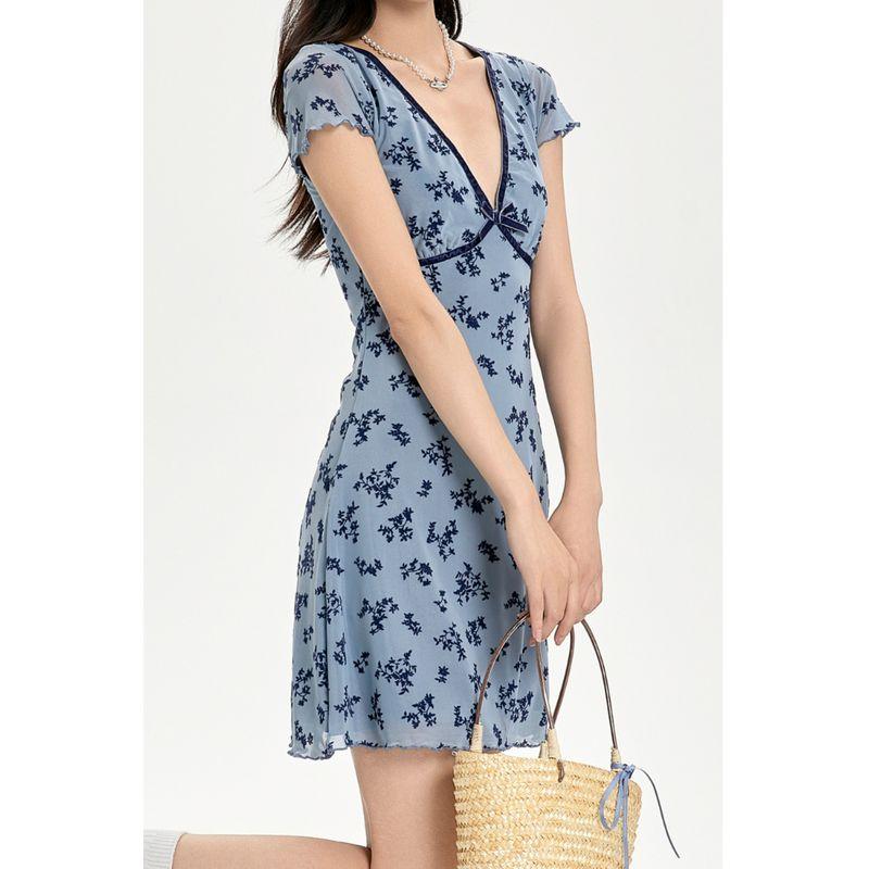 

Linfanging Fashion Style Retro Deep V Floral Dress Waist-Tight Summer Slimming A- line Skirt Mesh Skirt Blue S
