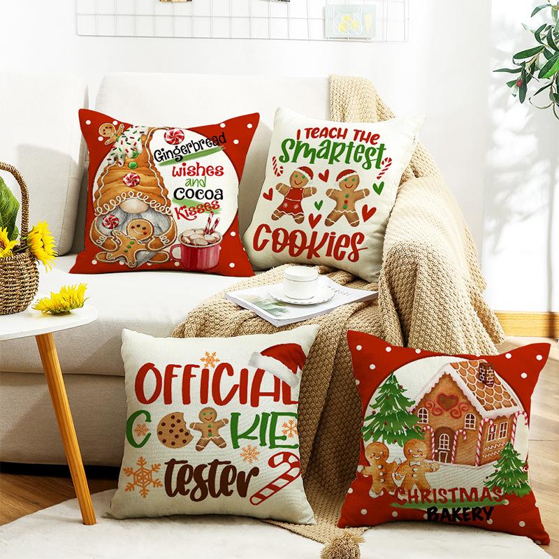 New Style Pillow Case Christmas Letter Decoration Gingerbread Man Print Linen Sofa Bedside Pillow Case