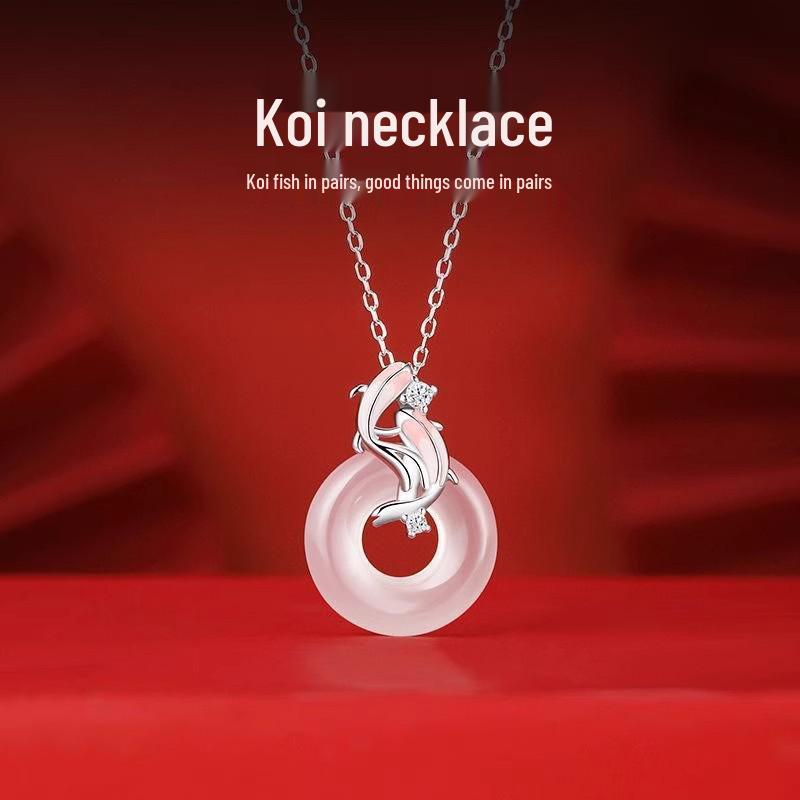 Chinese Style Double Fish Chalcedony Koi Pendant Necklace - Retro Koi Peace Buckle Collarbone Chain