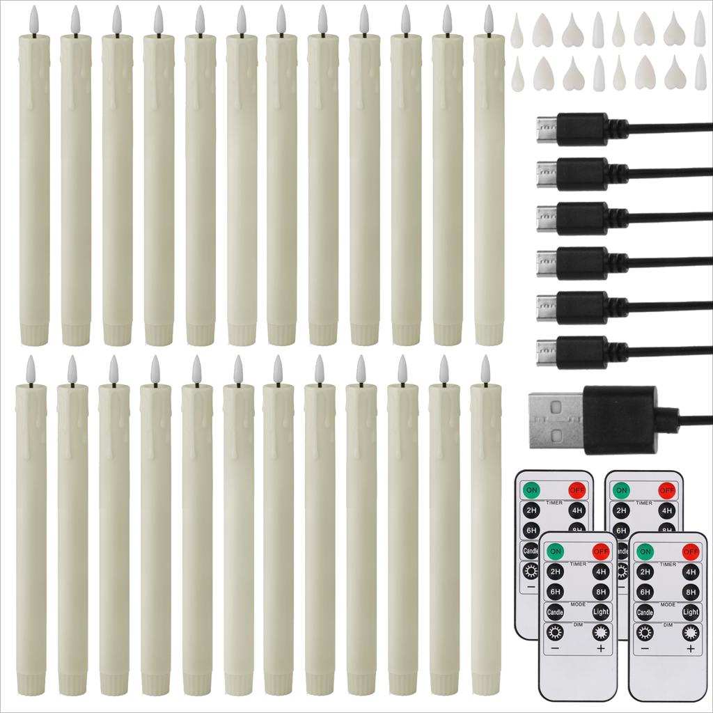 6/12pcs Rechargeable LED Flickering Flameless Taper Candles 4 Type Head with Remote Control Battery Operated Home Decor Candle