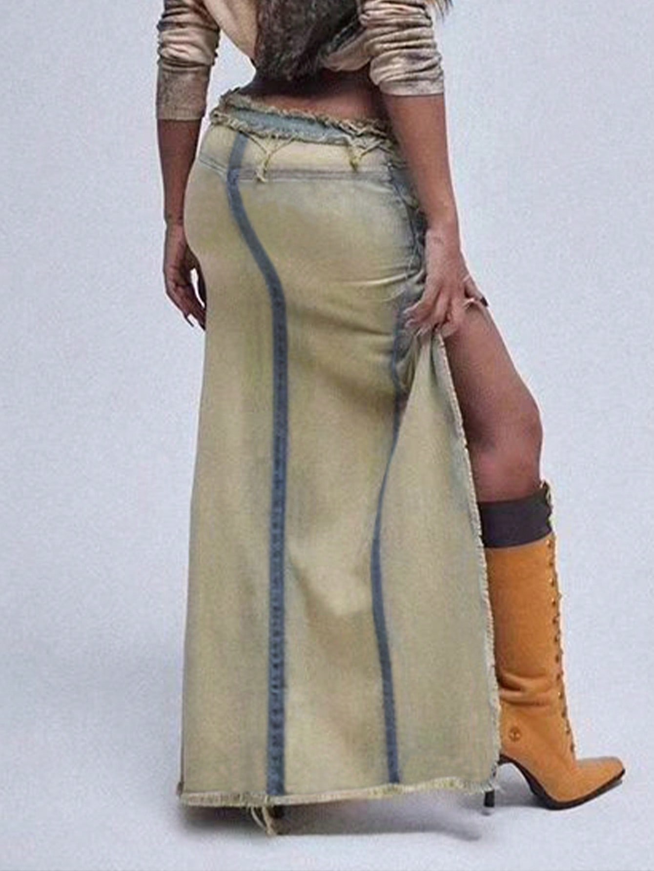 Y2K Street Retro Edge Washed Frayed Rowed Aymmetric Hem Двусторонняя узкая джинсовая юбка — фото 2