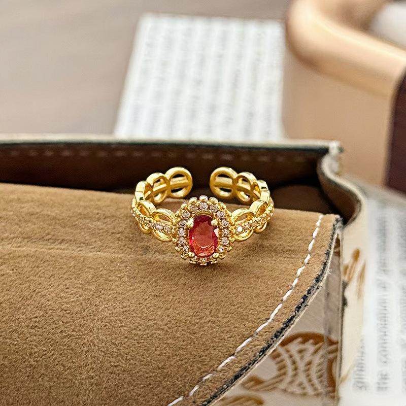 Medieval Vintage Lace Red Zir*****Pen Ring Women'S Niche High-End Light Luxury Index Finger Ring