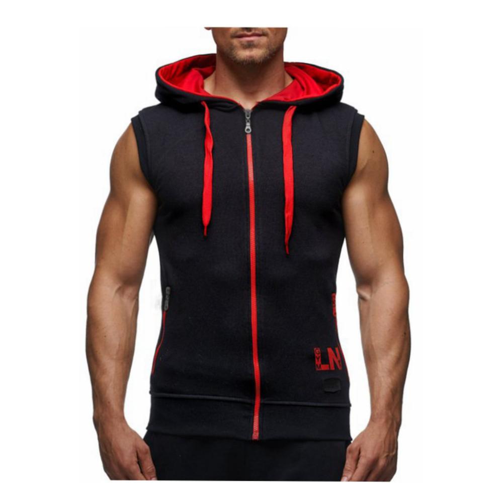 Men's Summer Casual Sleeveless Jacket Fashion Contrast Color Design Hooded Zipper Cardigan Slim Fit Letter Printed Coats