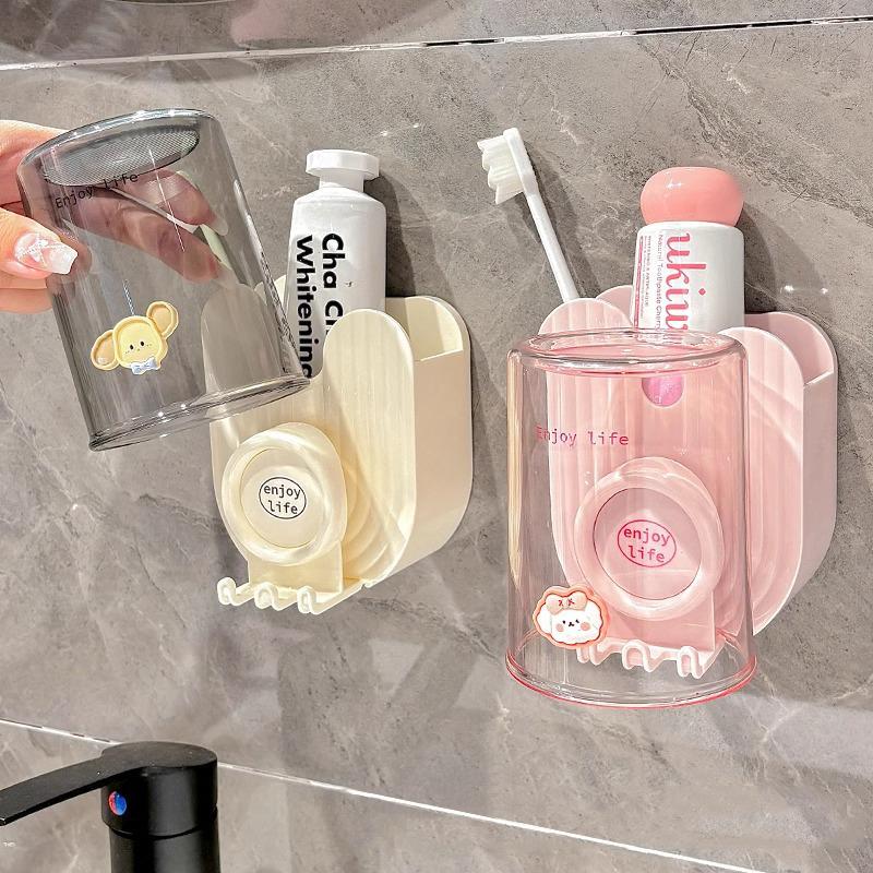 Wandmontierter Zahnbürstenhalter Stanzfrei Gurgelbecher Aufbewahrungsregal Auf dem Kopf stehendes Zahnbürstenbecher-Set