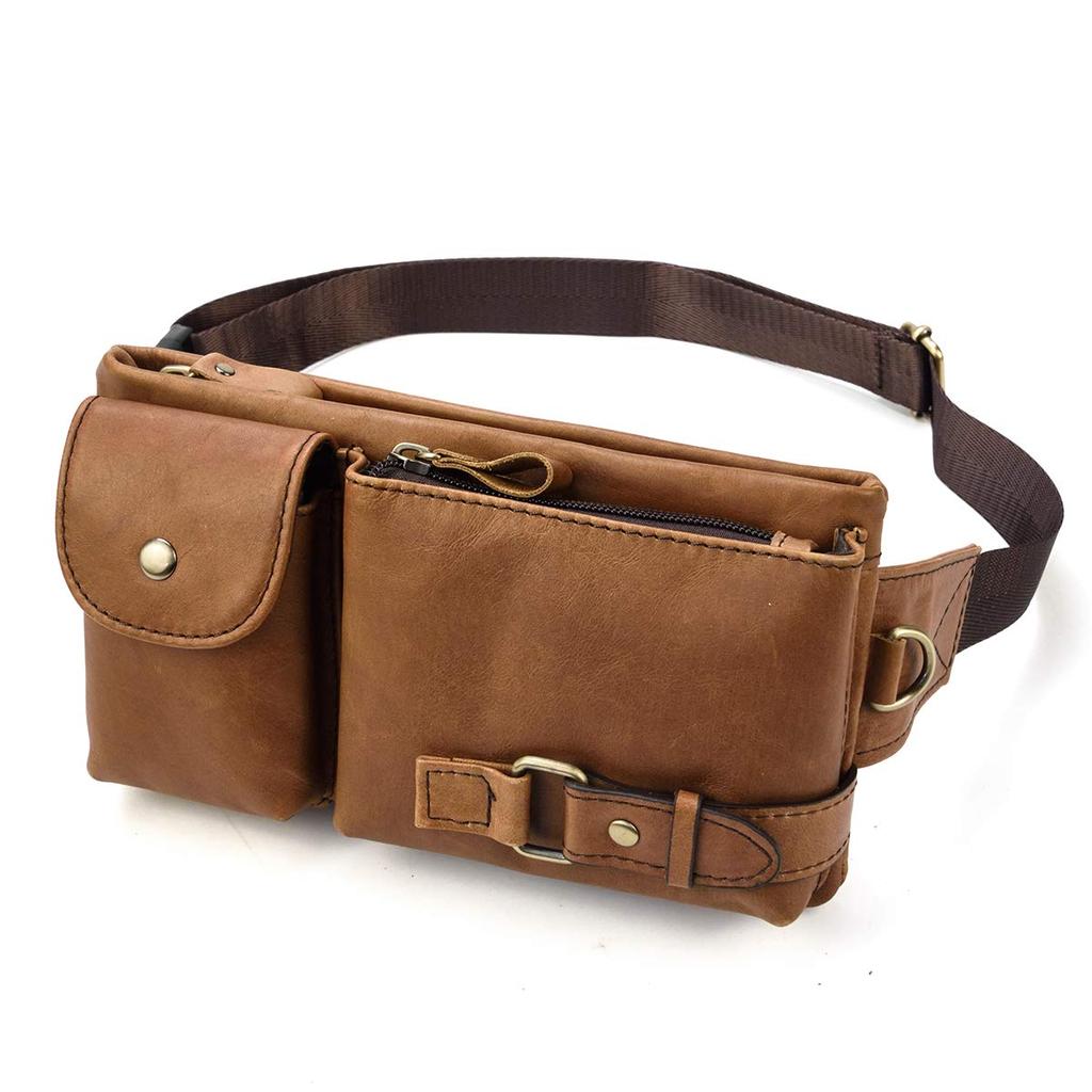 Luufan Waist Bag Leather 2way Waist Pouch Genuine Leather Body Bag Cowhide Crossbody Bag One Shoulder Bag Lightweight Crossbody Bag Smartphone