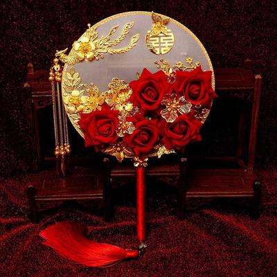 Round Wedding Decorative Decoration Prop For Bride Gold Red Bridesmaid Vintage Fan Decor Craft Photography Ornaments Bouquet