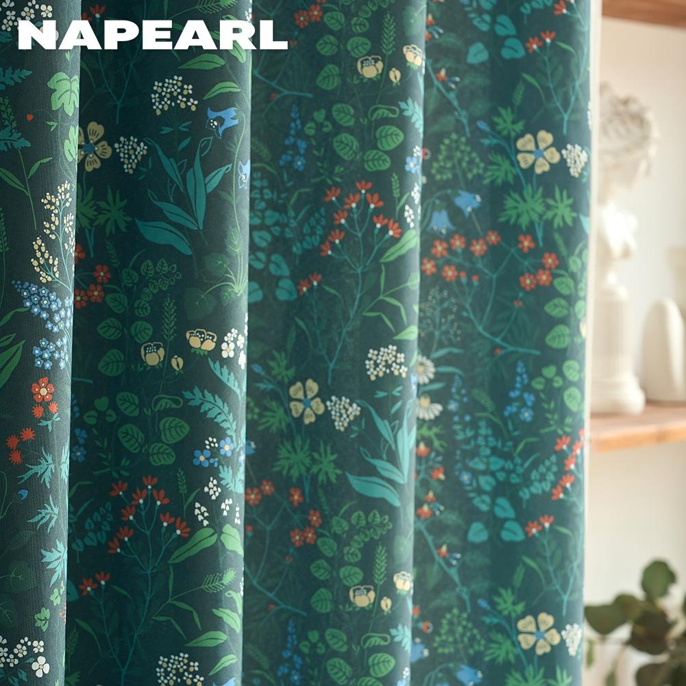 1PC NAPEARL French Retro Dark Green Floral Curtains, Printed Thick Blackout Curtains for Living Room Bedroom Window Home Decor