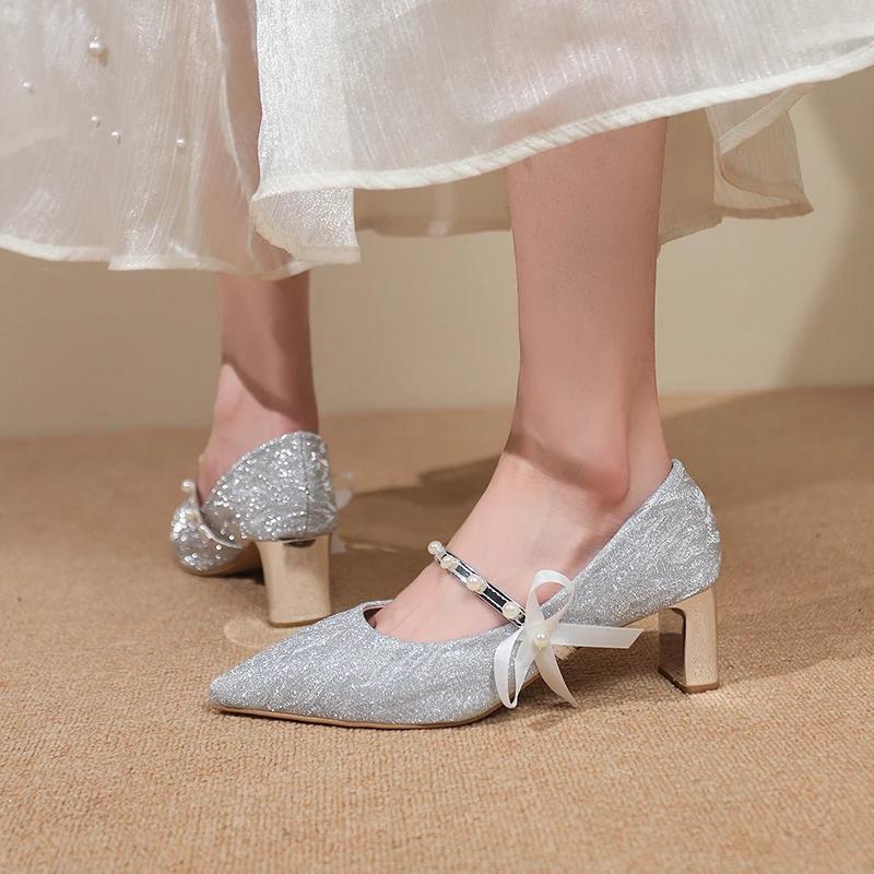 Fashion French High Heels Feminine Premium Block Heel Wedding Shoes 2025 New One Word Strap Pointed Toe Single Shoes Silver