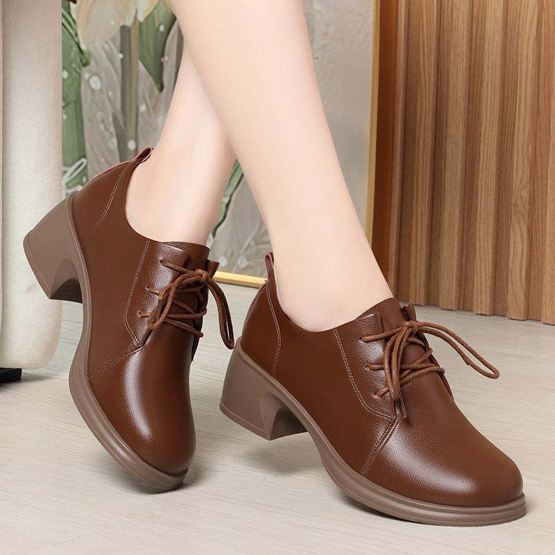 Soft leather soft sole, spring and autumn deep mouth lace-up single shoes work shoes women's black women's leather shoes