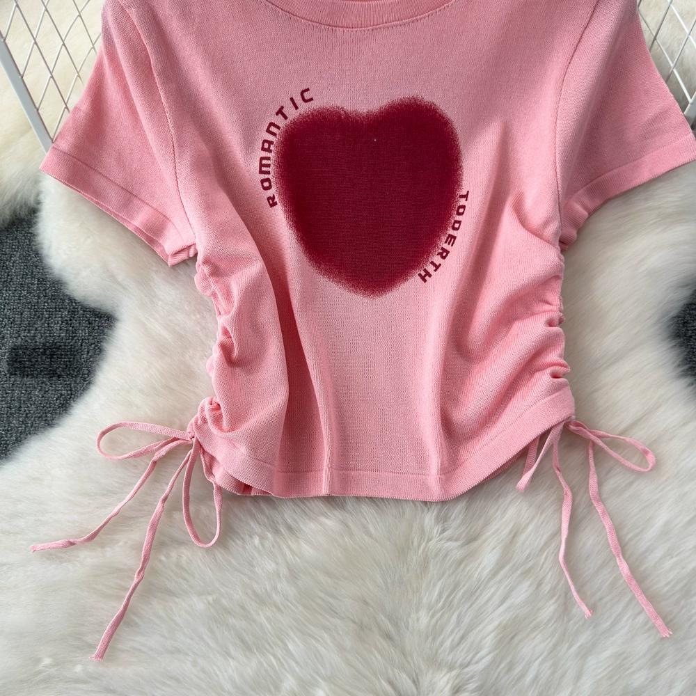 Summer New Heart Design Sweet Tops Spice Girl Round Neck Love Printing Drawstring T-shirt Casual Women Short Sleeve Fashion Blouse