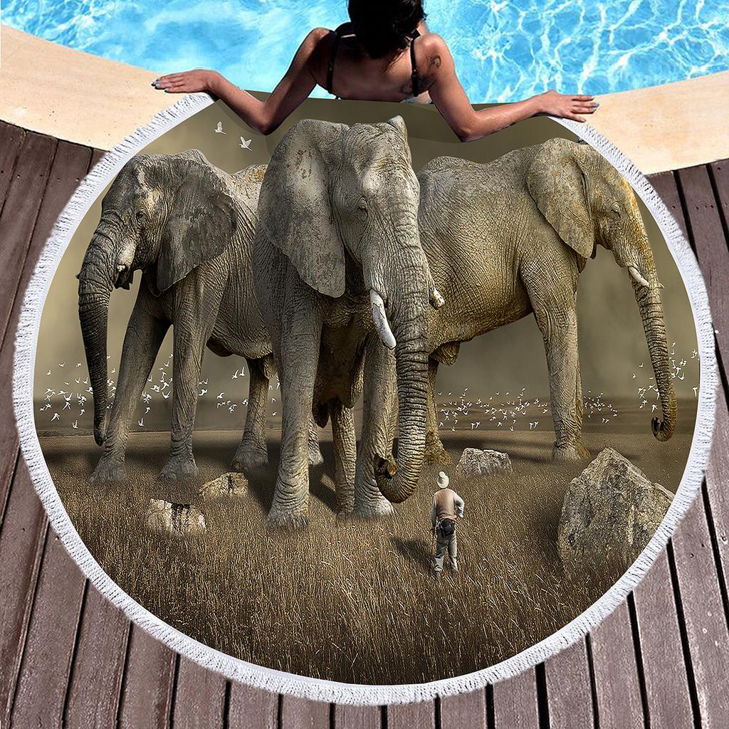 Wild Elephant Round Beach Towel,Microfiber Sand Resistant Beach Blanket,Soft Absorbent Quick Dry Portable Pool Towel Picnic Mat