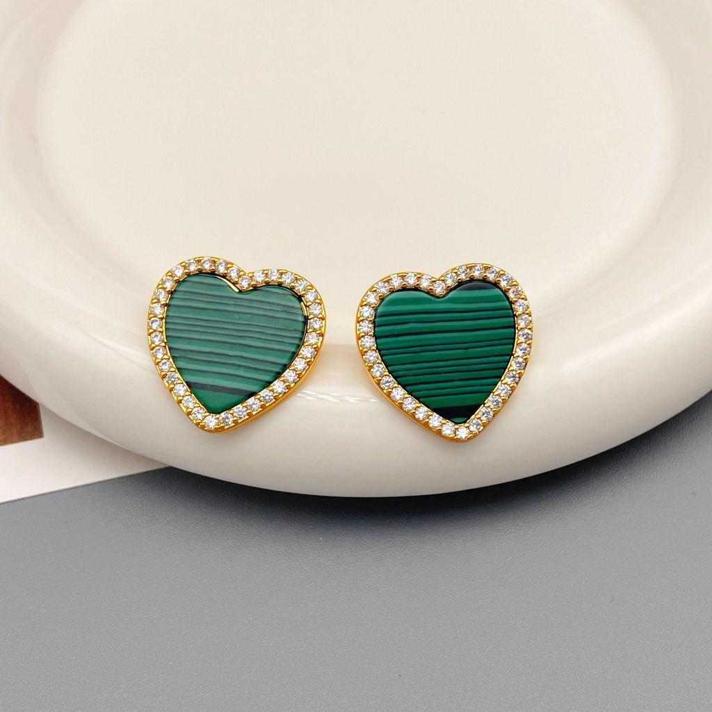 Retro Malachite Heart Diamond Stud Earrings - Exquisite Design & Unique Style