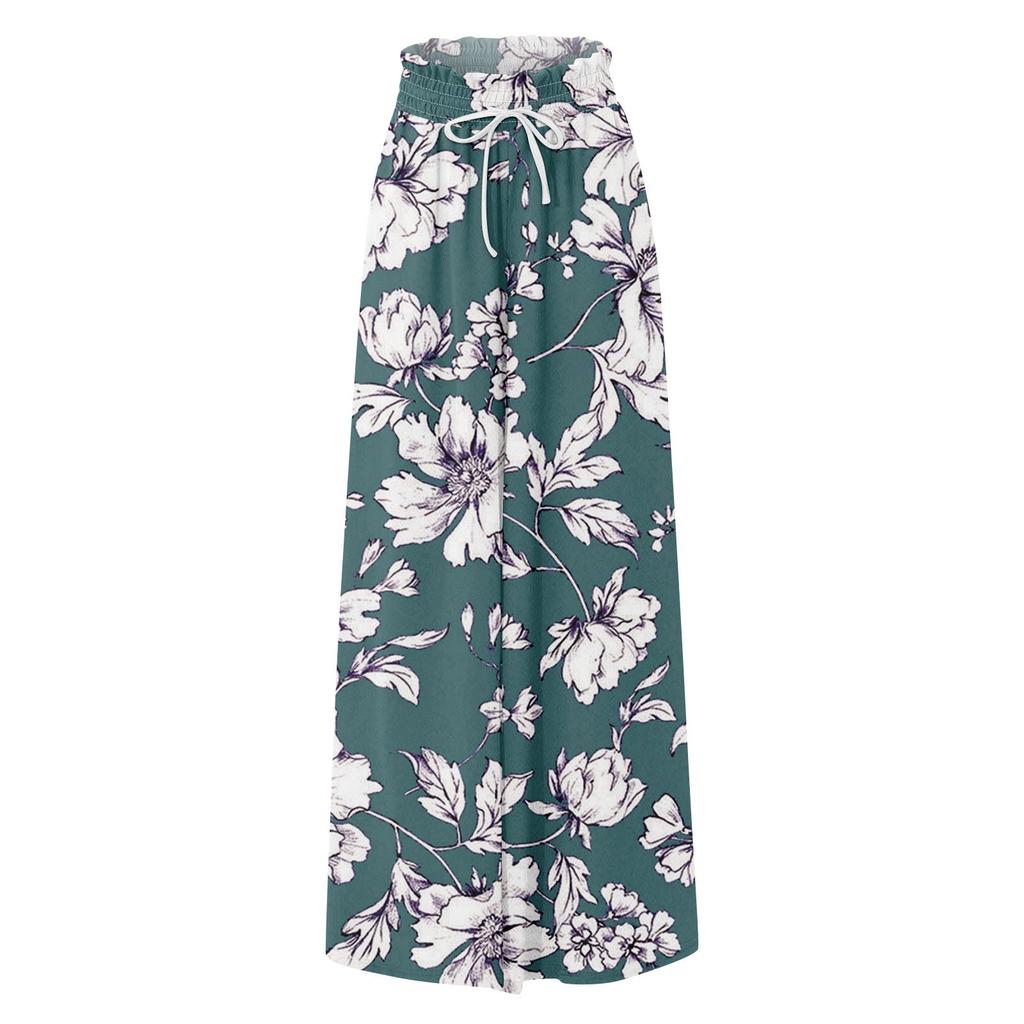 Women's High Waisted Wide Leg Pants Summer Casual Flowing Pocket Wide Leg Pants Floral Print Beach Pants