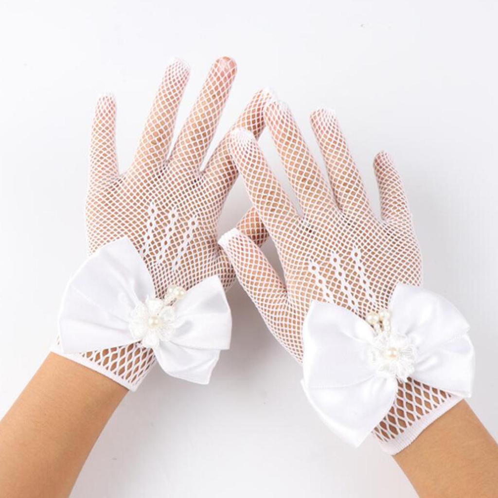 Kids Party Lace Pearl Fishnet Gloves Communion Flower Girl Party Mittens Children's Mittens High Elasticity Mesh Bow Gloves
