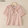 VONDA Women Lapel Neck Short Sleeve Buttons Bow Knot Casual Cropped Blouse Tops