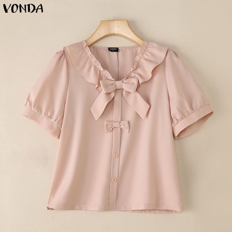 VONDA Women Lapel Neck Short Sleeve Buttons Bow Knot Casual Cropped Blouse Tops