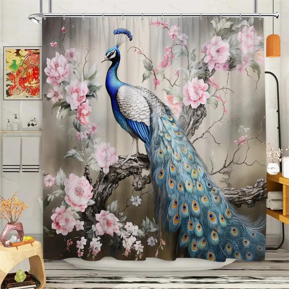 Peacock Shower Curtain Tropical Plant Flower Leaf Landscape Vintage Oil Painting Elegant Polyester Fabric Bathroom Decor Curta