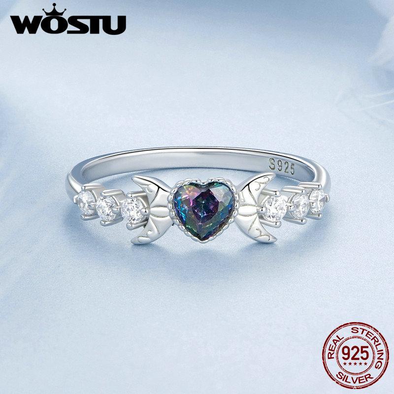 WOSTU 925 Silver Heart Mystic Topaz Promise Ring For Moon Style Shiny Zircon Band Rings Party Jewelry Gift for Family